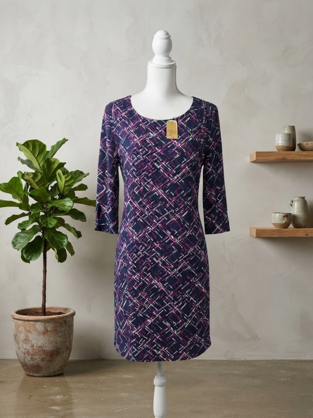 Studio One Purple Patterned Long-Sleeve Sheath Dress